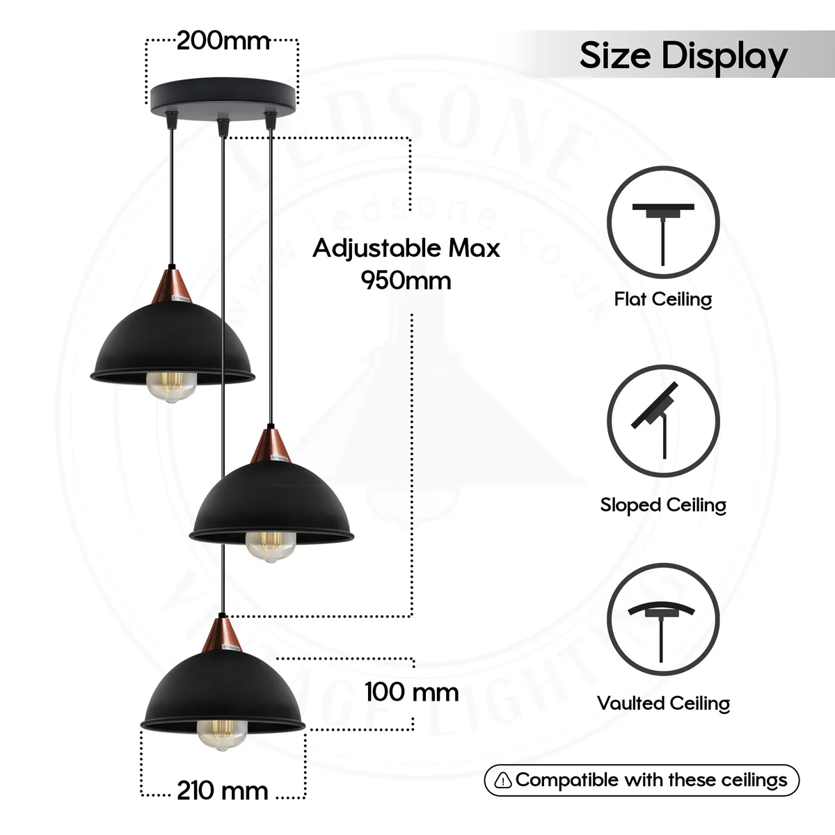 Black vintage dome pendant with 3 metal lamps and adjustable cable, dimmable indoor ceiling light