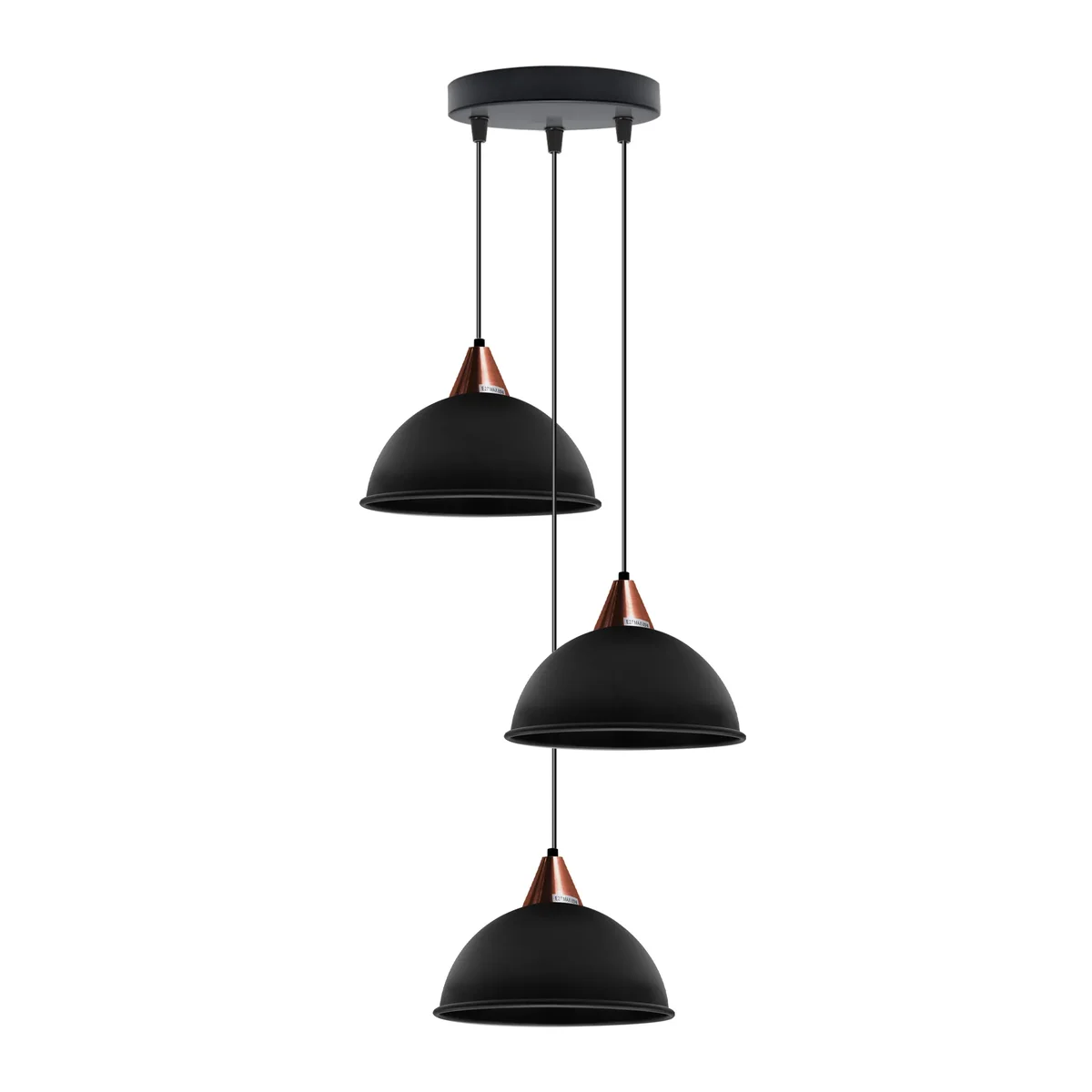 Black vintage pendant ceiling light with round 3‑outlet dome shade and E27 bases, metal body and PVC sleeve.