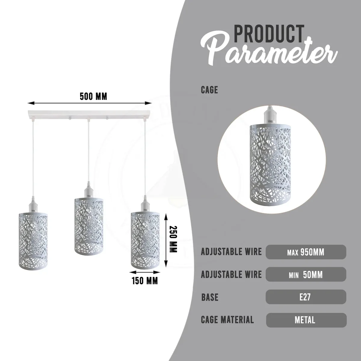 Three‑lamp vintage ceiling light with metal and PVC housing, adjustable hanging cords, LED compatible.