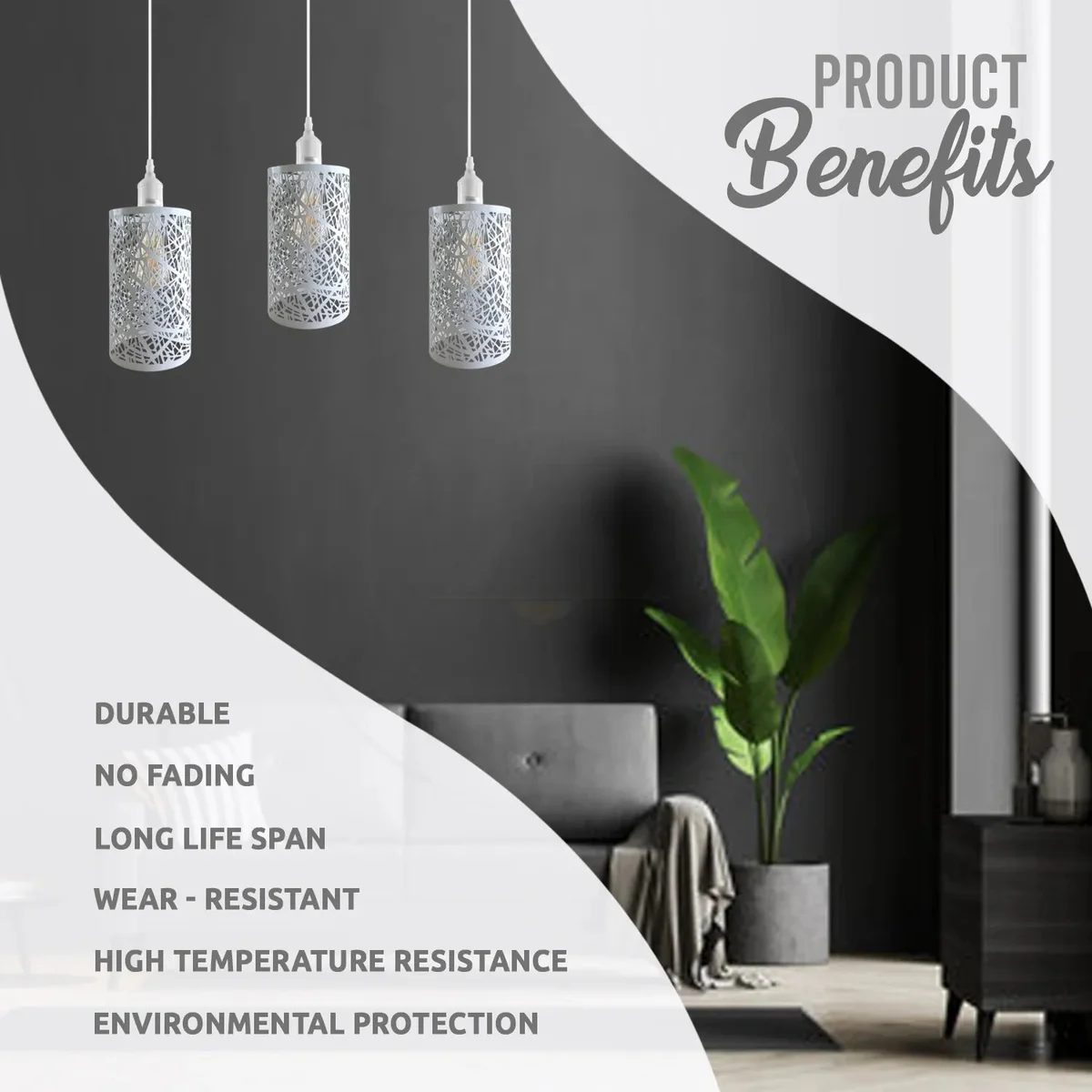 Three pendant lights hanging with metal frame, adjustable cables, and E27 pendant lighting bulbs.