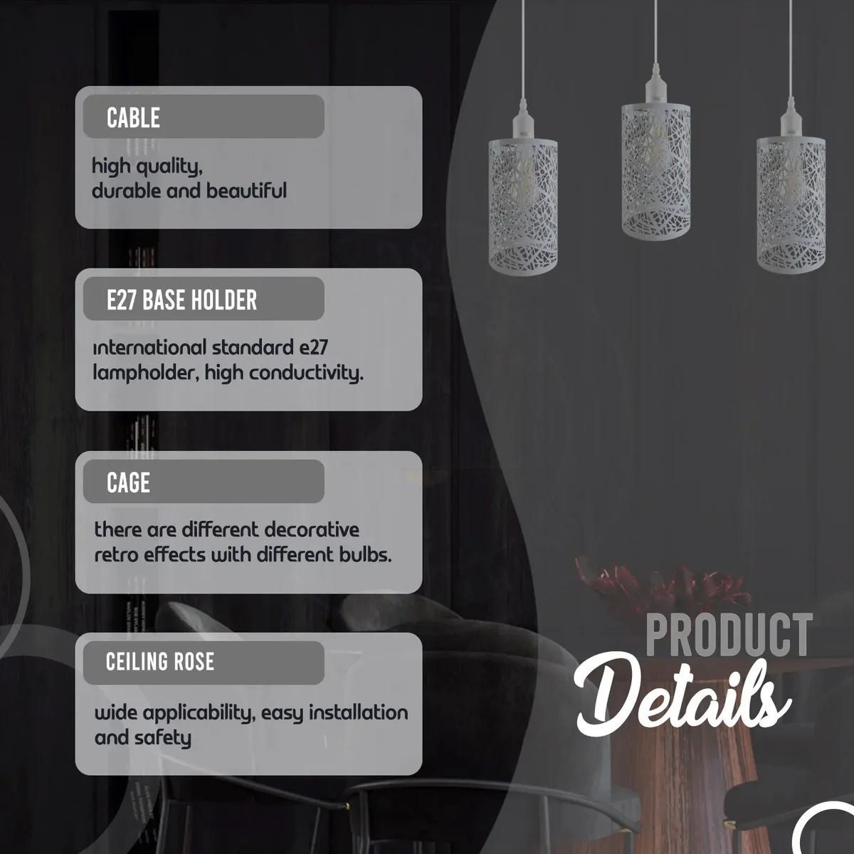 3‑way industrial dimmable pendant light with metal and PVC bodies, hanging coils, and adjustable 95cm cords.