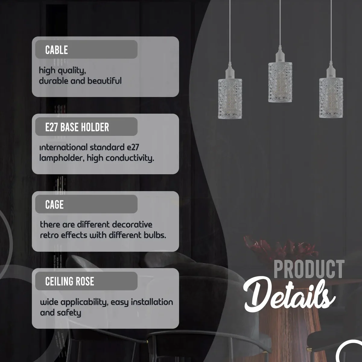 Adjustable pendant ceiling light kit with three vintage-style metal lamp holders, hanging on PVC cables, ready for E27 bulbs.