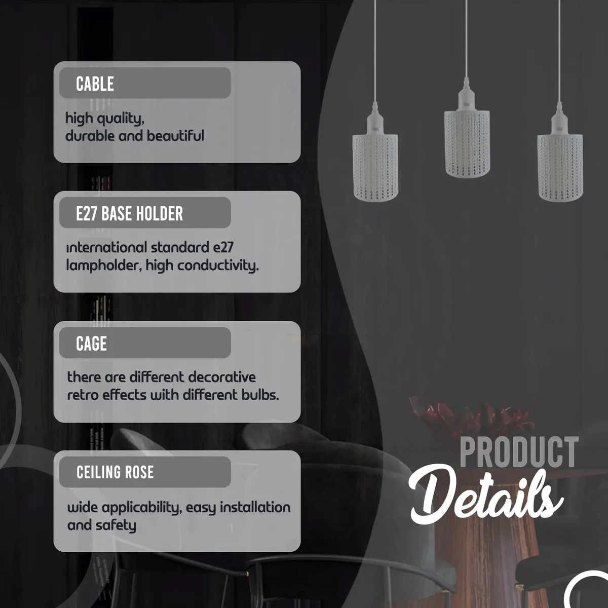 Adjustable pendant light: 3‑light black metal cage with cage‑style shades, dimmable, suitable for kitchen or loft