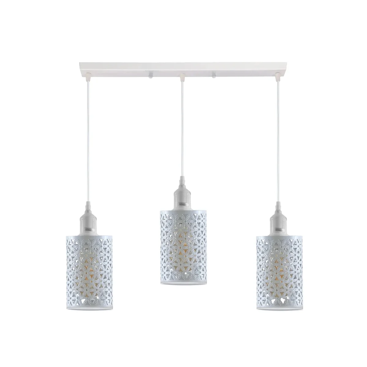 White 3‑light pendant with metal barrel cage, vintage style, dimmable ceiling light, adjustable 95cm cord, PVC wiring.