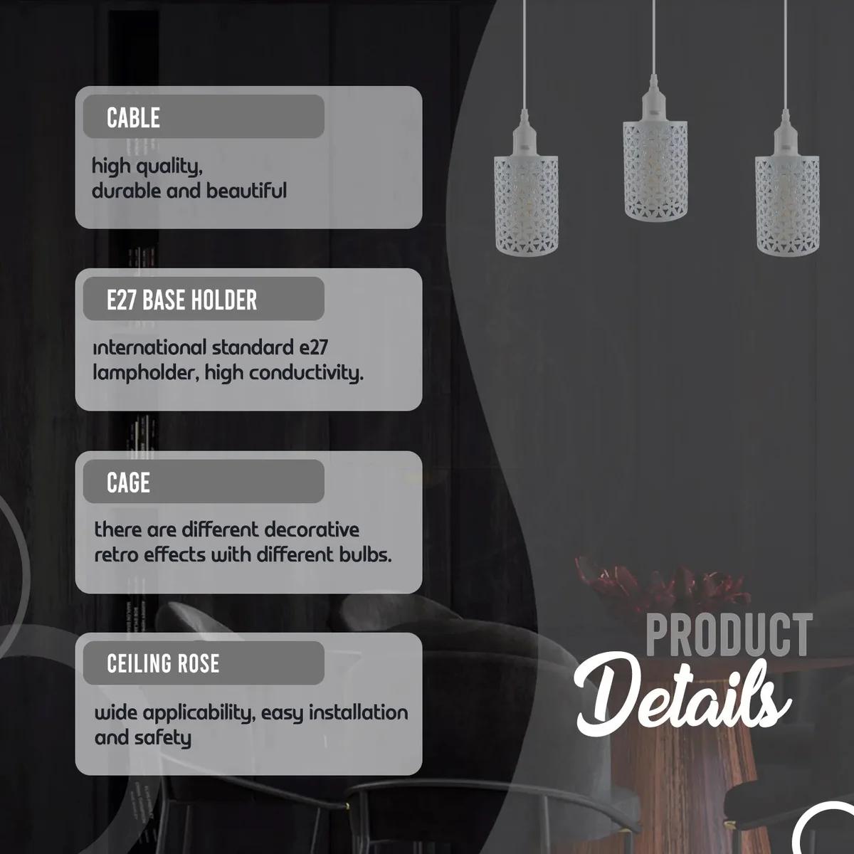 White vintage retro 3‑light pendant with metal and PVC housing, featuring an adjustable cable light.