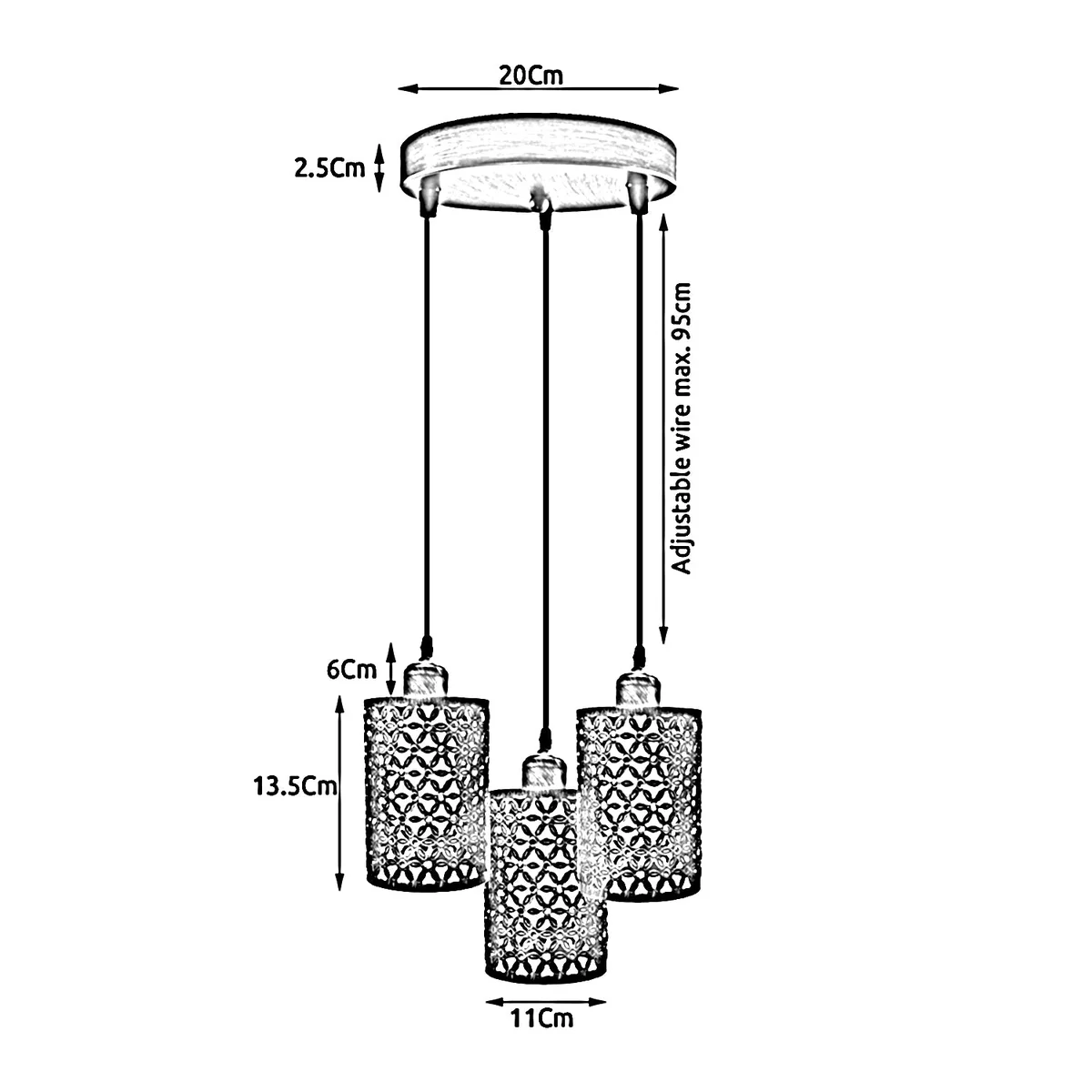 White metal pendant lamp with three retro filament bulbs, contemporary design, hanging on 95cm adjustable cable