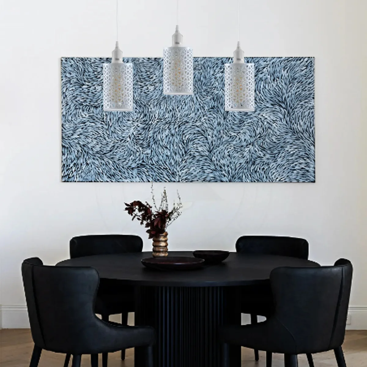 White 3 light pendant lighting with metal cage and PVC accents, featuring E27 filaments and 95cm adjustable cable