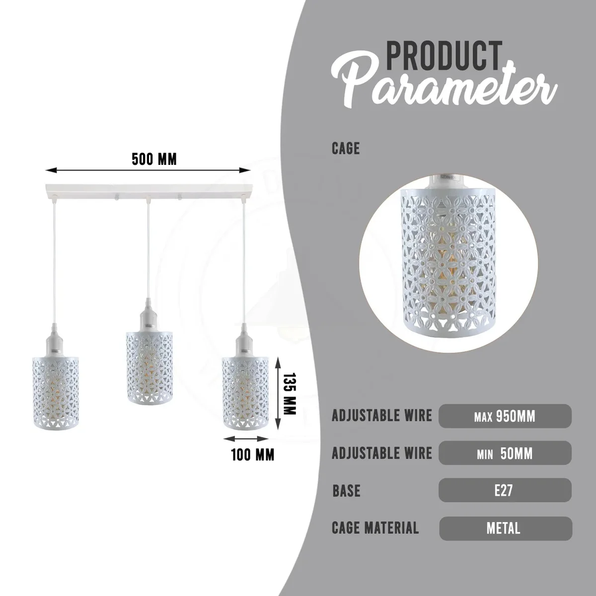 White 3-light pendant lighting with metal casing and PVC housing, featuring E27 filament bulbs and adjustable 95cm cord.