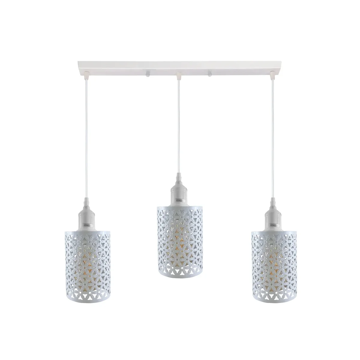3 light pendant lighting in white vintage style, metal and PVC frame, adjustable 95cm cable with E27 lamp base.