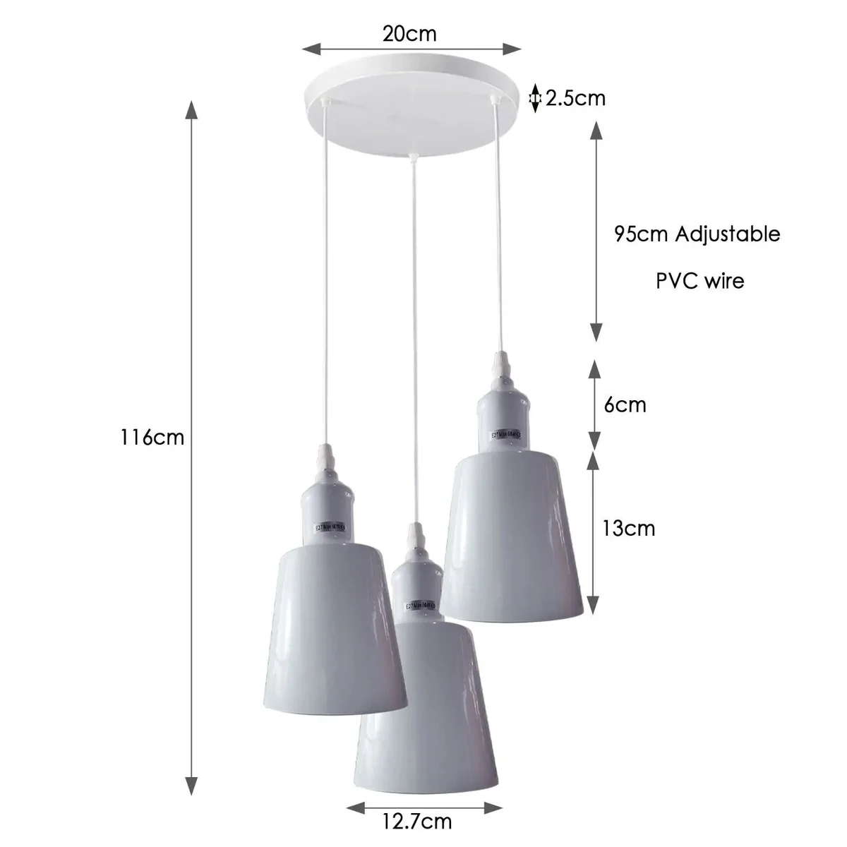 Vintage 3‑light pendant light with metal PVC shades, 12.7cm wide by 13cm tall, 20cm base, 95cm cable, dimmable for indoor use