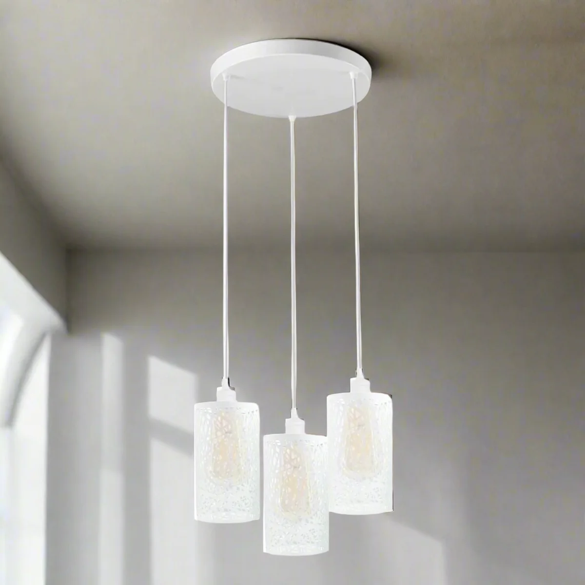 White metal vintage 3‑head retro ceiling pendant lamp with round glass shades and 3 E27 bulbs, modern design