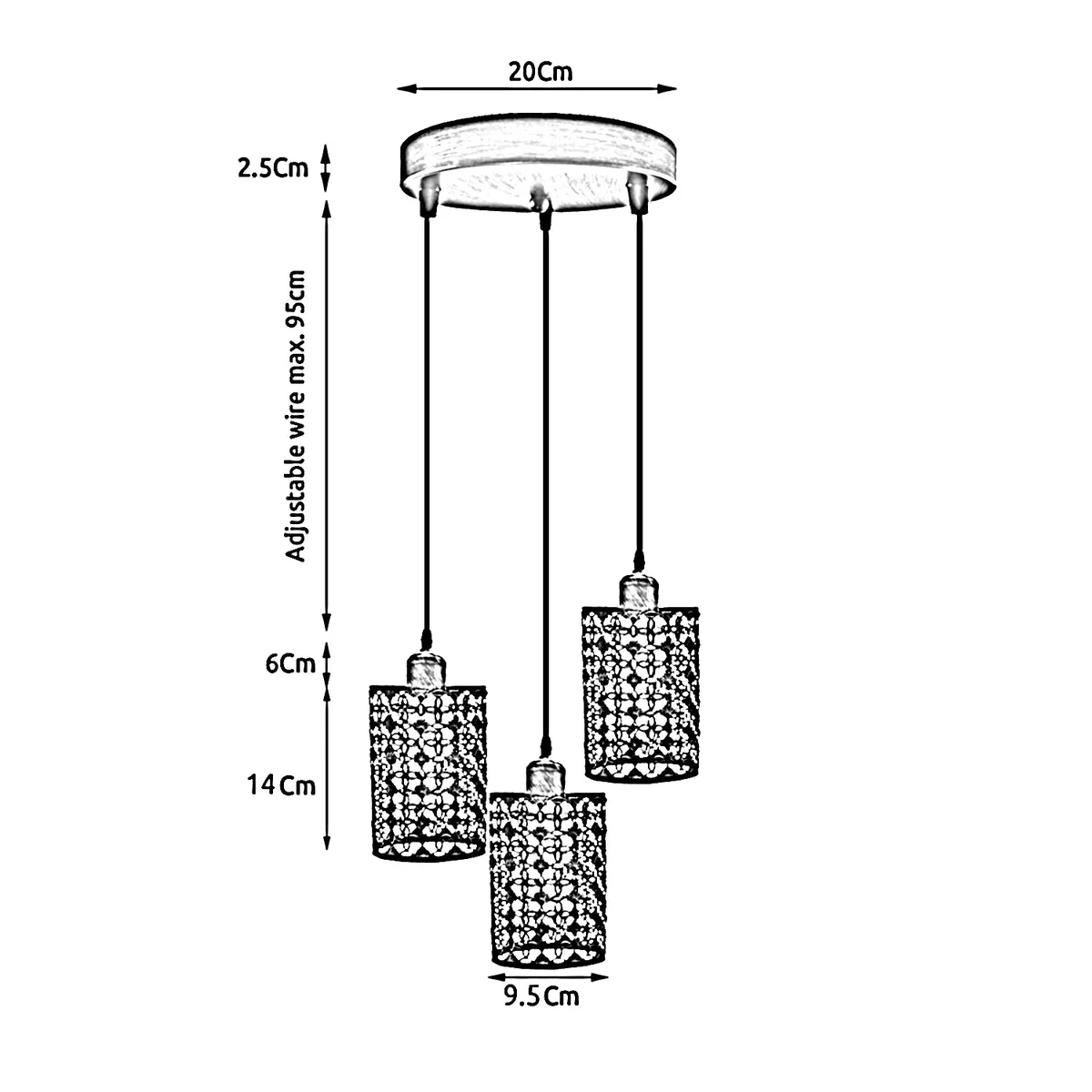 3 way pendant light in white metal, featuring three round barrels and a long adjustable hanging cable