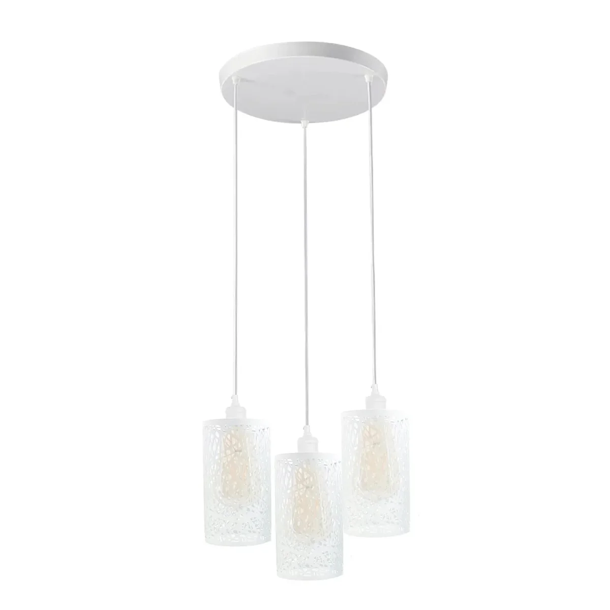 White metal 3 head retro pendant lamp with adjustable cable pendant, 95cm long, metal barrel cage, E27 bulbs