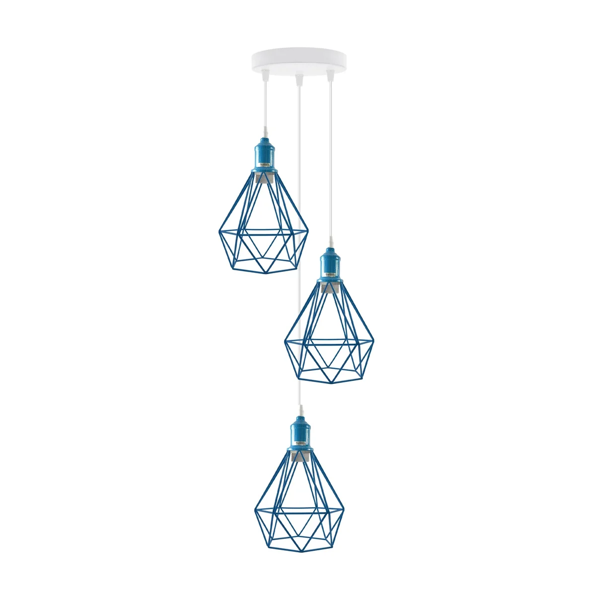 Metal 3 way cage pendant light with spray‑painted vintage finish, hanging from ceiling, featuring three decorative cages.