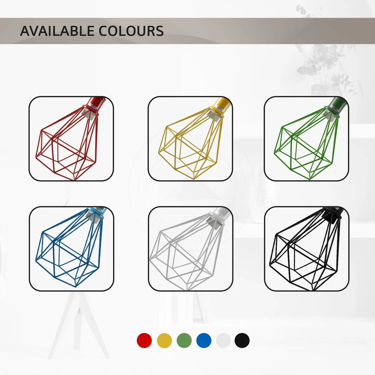 Vintage indoor cage lights hanging from a ceiling with spray-painted metal hood and E27 socket