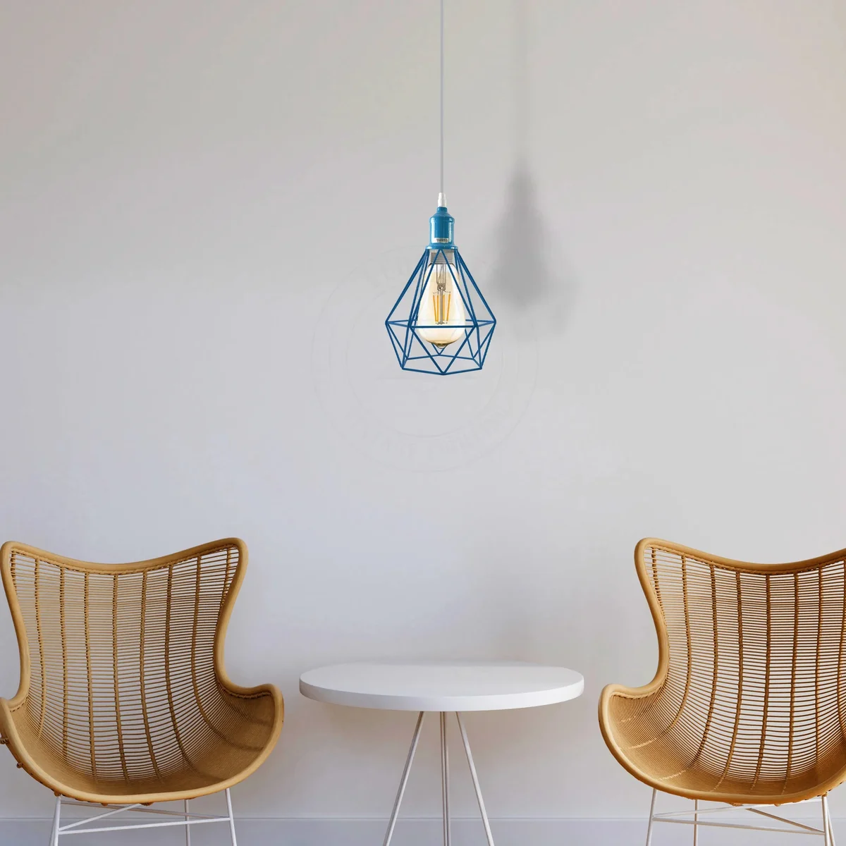 Blue metal cage vintage pendant ceiling light with spray‑painted holder, E27 base, elegant industrial design.