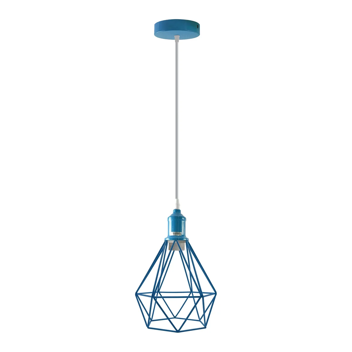Industrial pendant light: blue metal cage, spray‑painted holder, vintage style.
