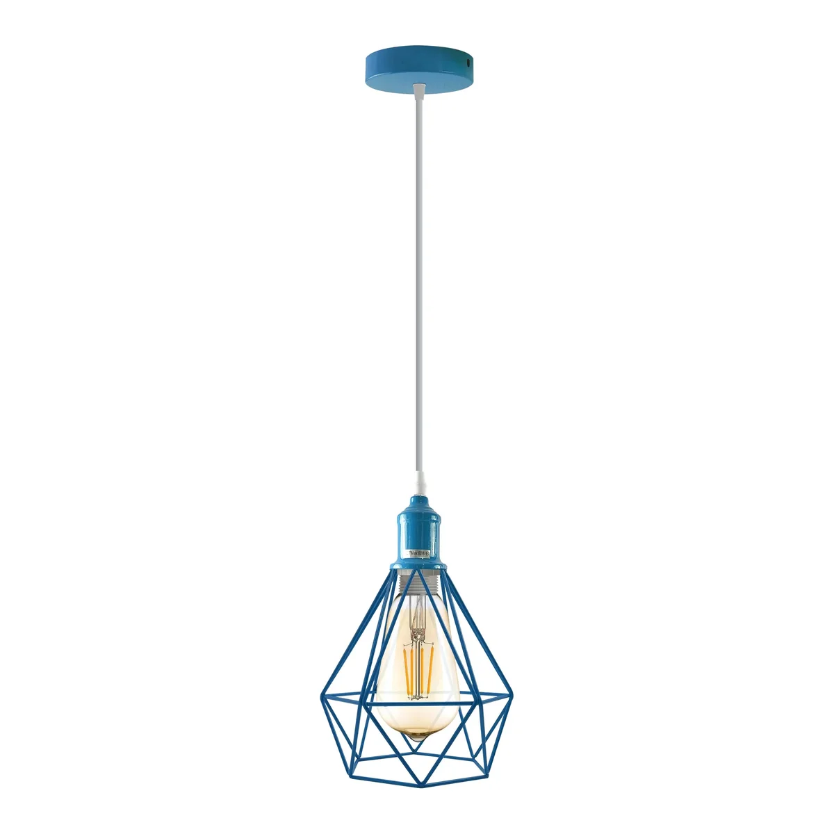 Blue vintage metal E27 pendant light with cage and spray‑painted hood, hanging from ceiling