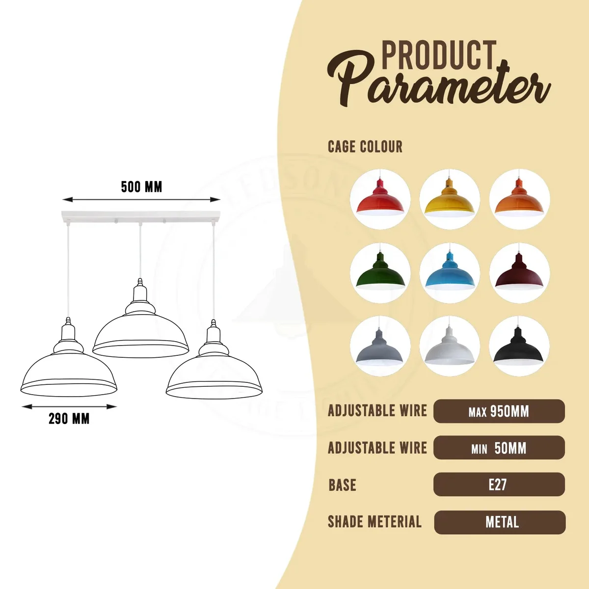 Vintage 3‑way pendant light with curvy metal frame, hanging cords and metal shades, fitted with E27 bulb pendant light