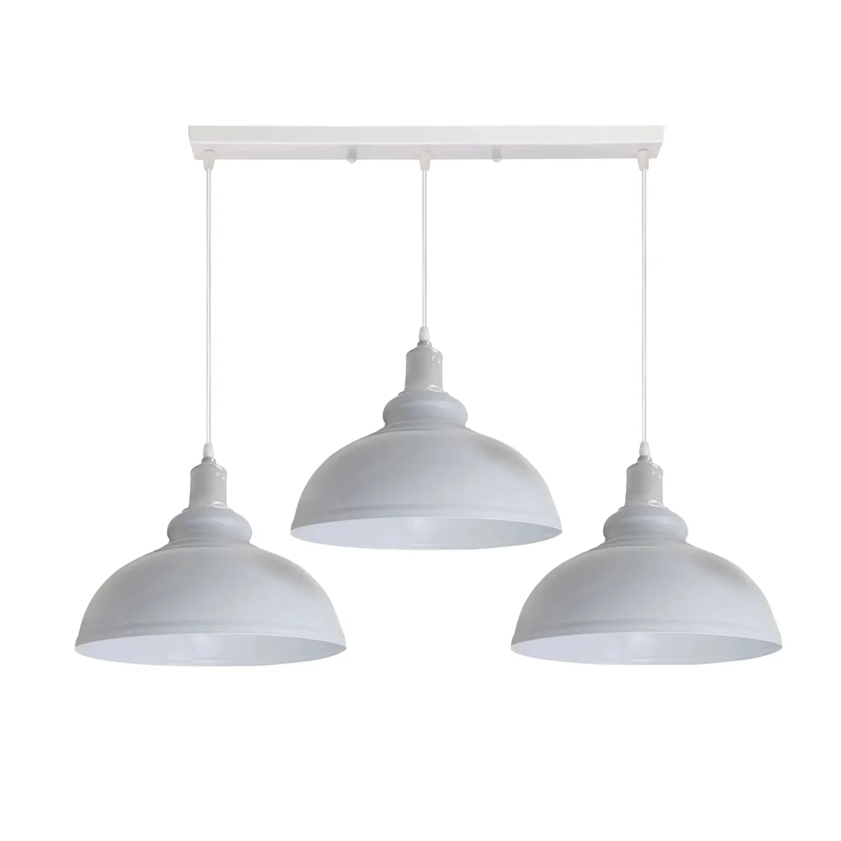 Indoor metal pendant light with 3 round glass shades hanging from adjustable metal chains.