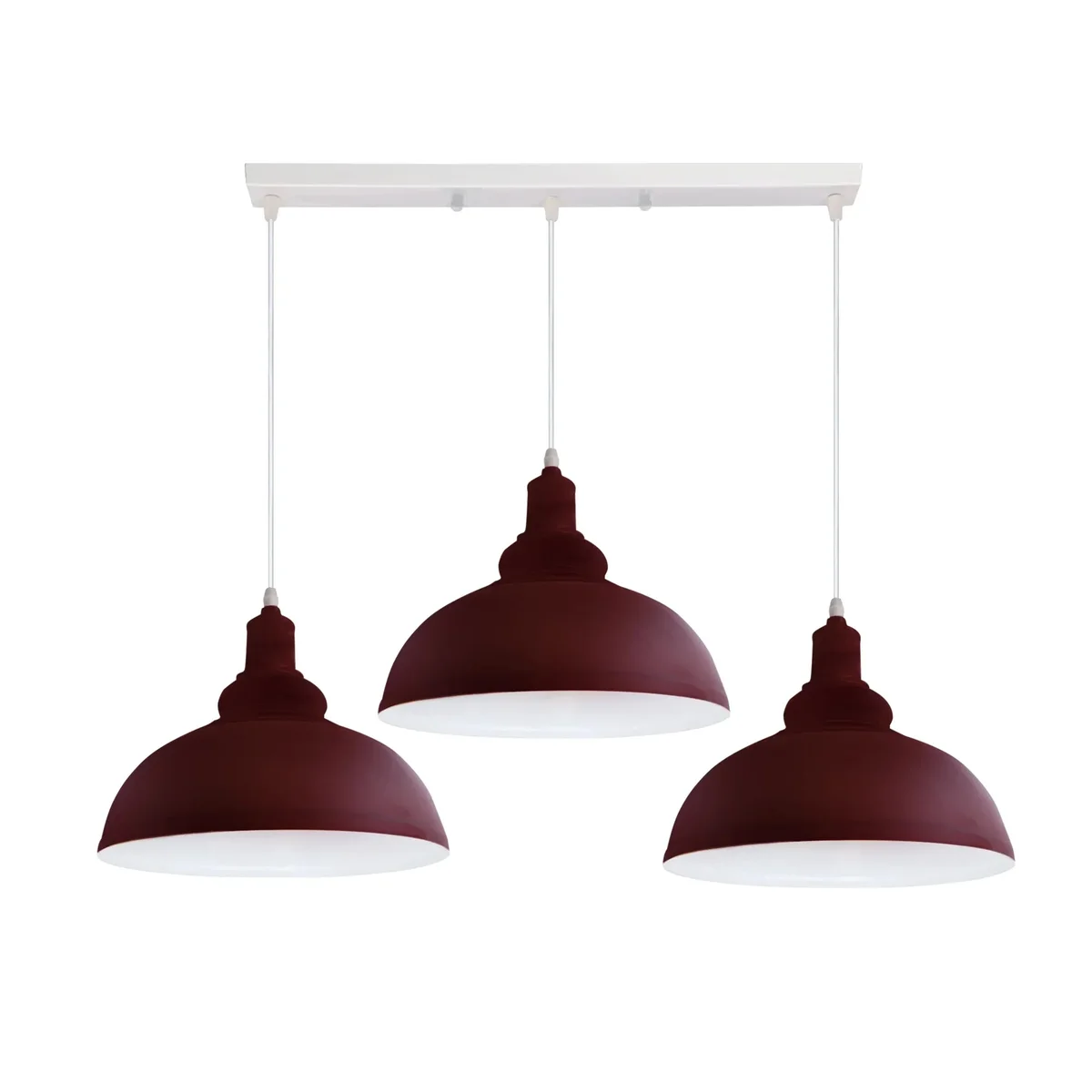 Three-curved metal and PVC vintage pendant ceiling light with adjustable cables and lampshades, E27 sockets.
