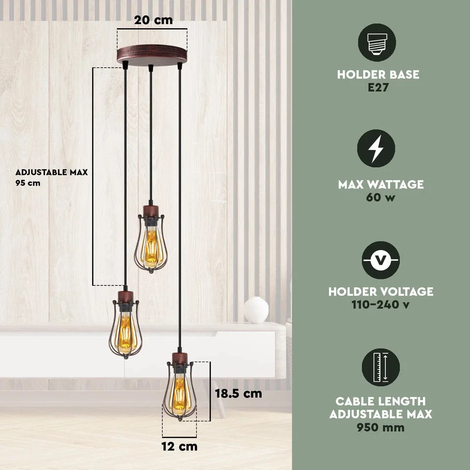 Vintage metal pendant light with balloon-shaped wire cages and round ceiling plate.