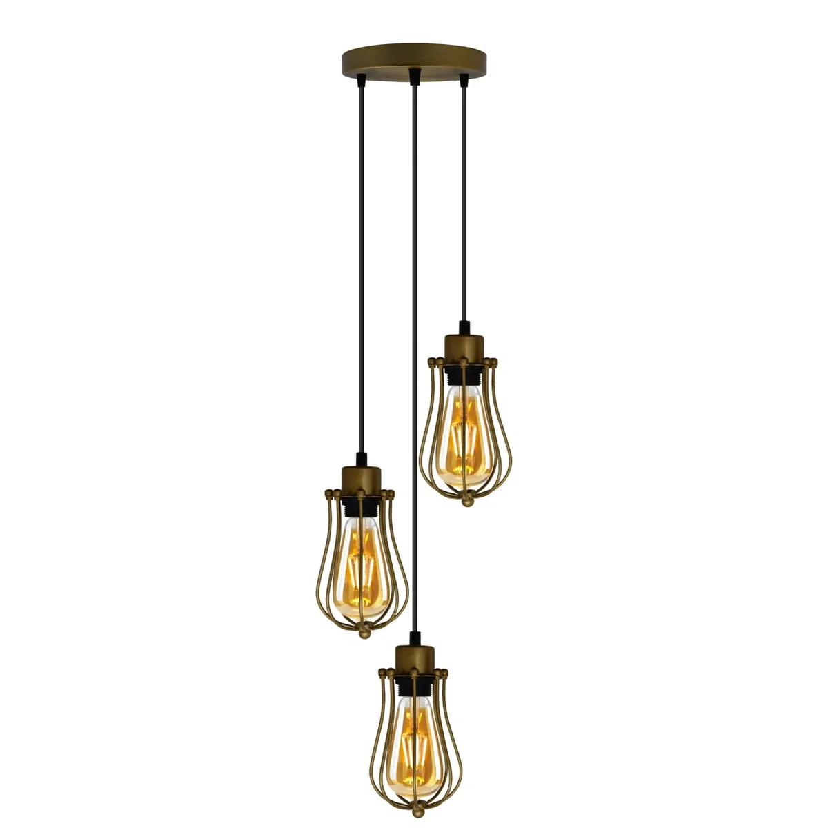 3 way pendant light with yellow brass balloon wire cage, vintage industrial style