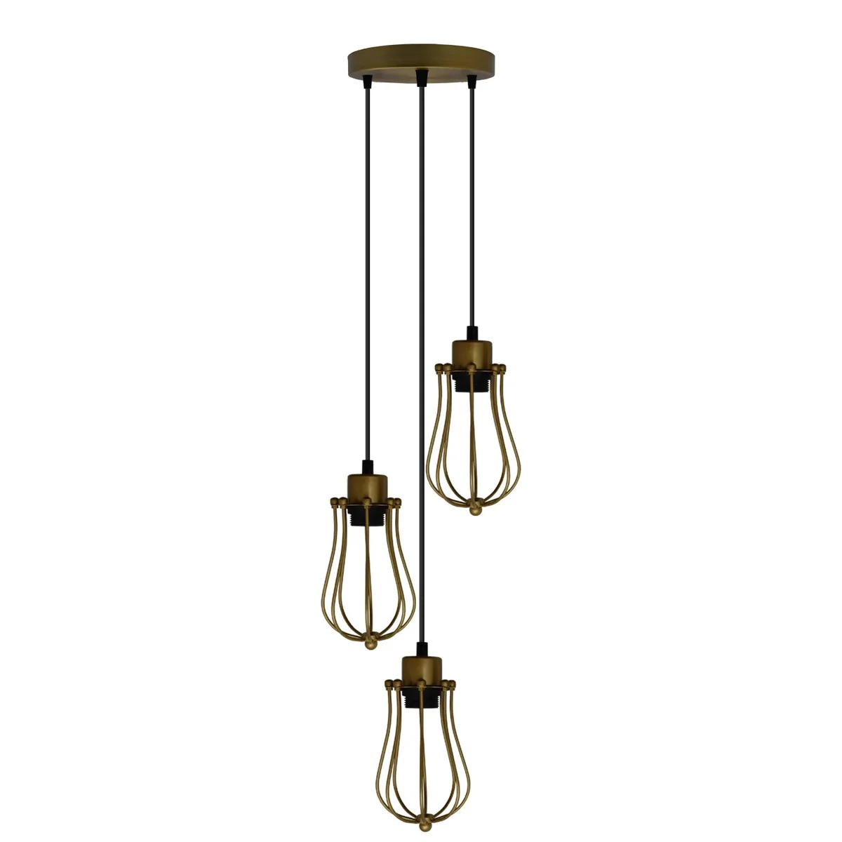Yellow brass balloon‑shaped cage lamps, three industrial style ceiling lights hanging from a metal round plate.