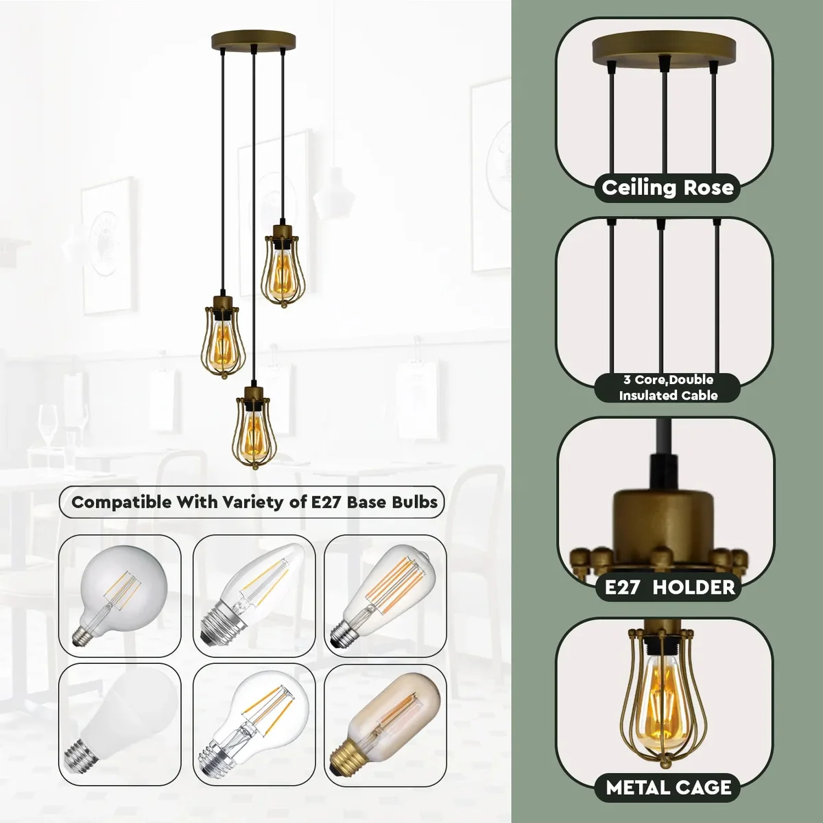 Three yellow brass E27 pendant lights with balloon wire cage, hanging from a round ceiling plate.