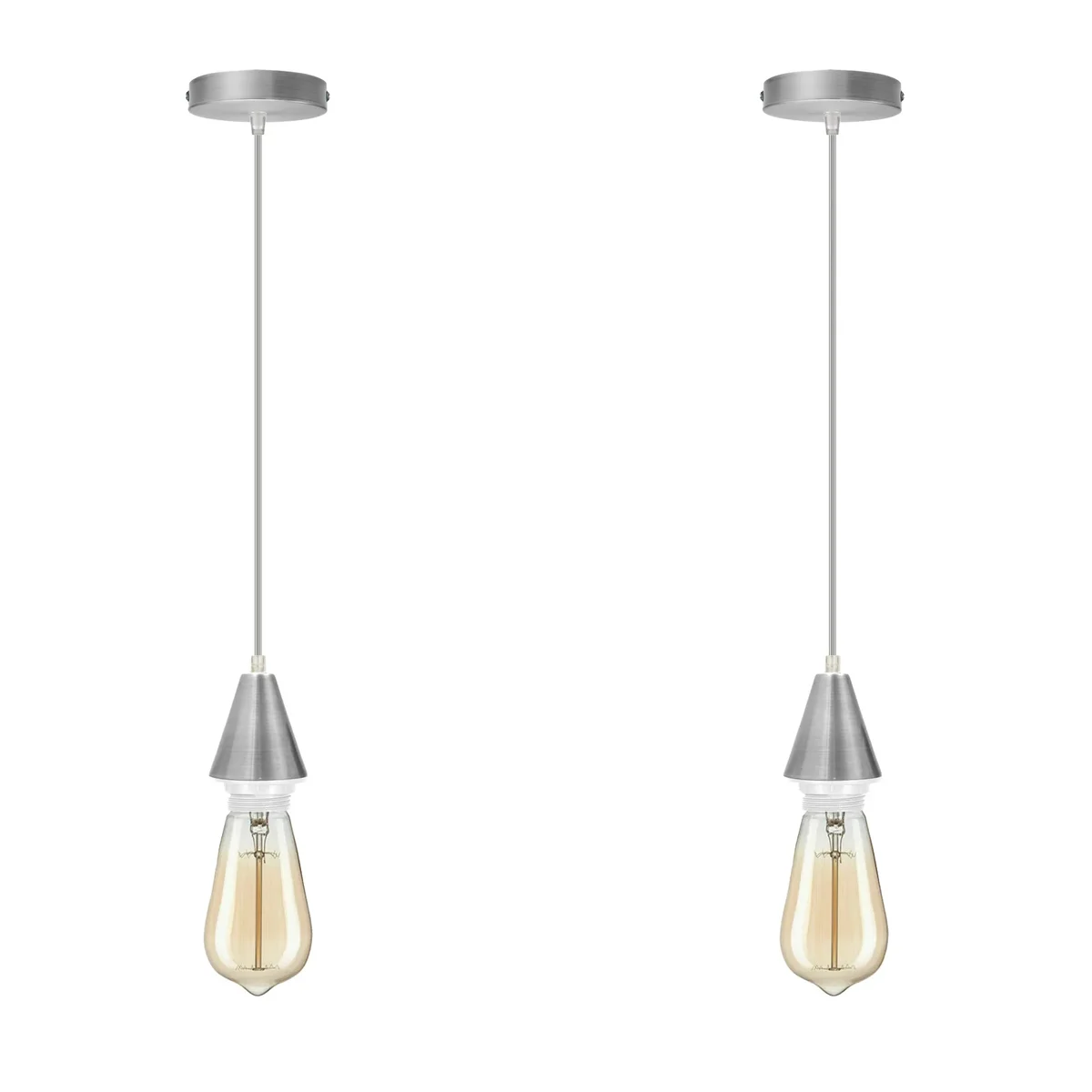 Two E27 cone holders with 1m PVC cable in satin nickel, each paired with a ceiling rose and bracket, ready for wired pendant.