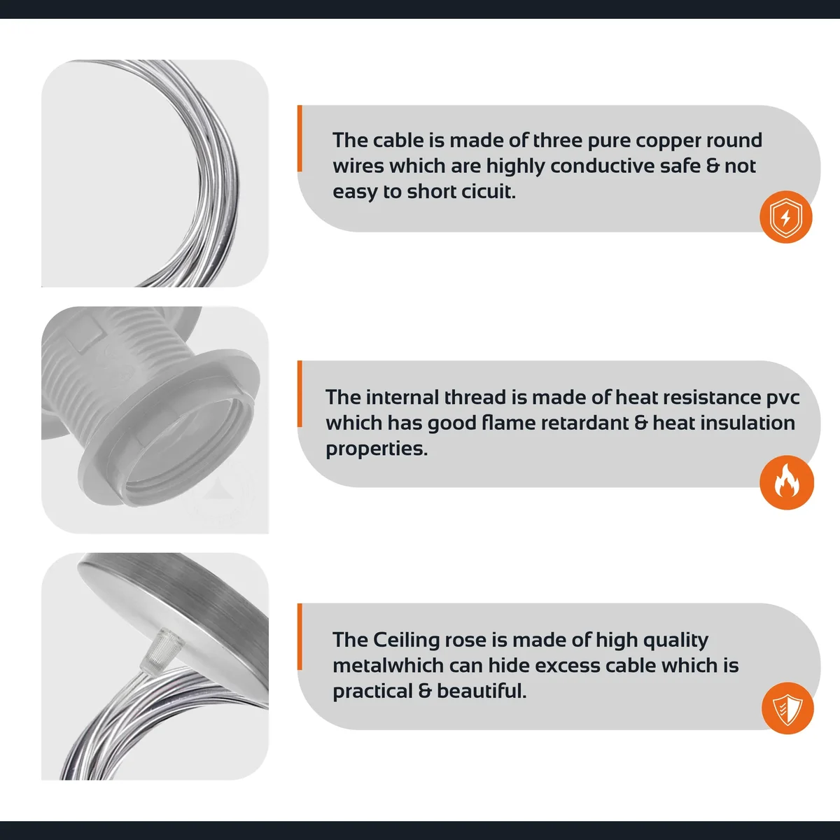 Metal ceiling rose with satin nickel cone holders, 1m PVC cable, white E27 lamp holders, ready for hanging in a ceiling.