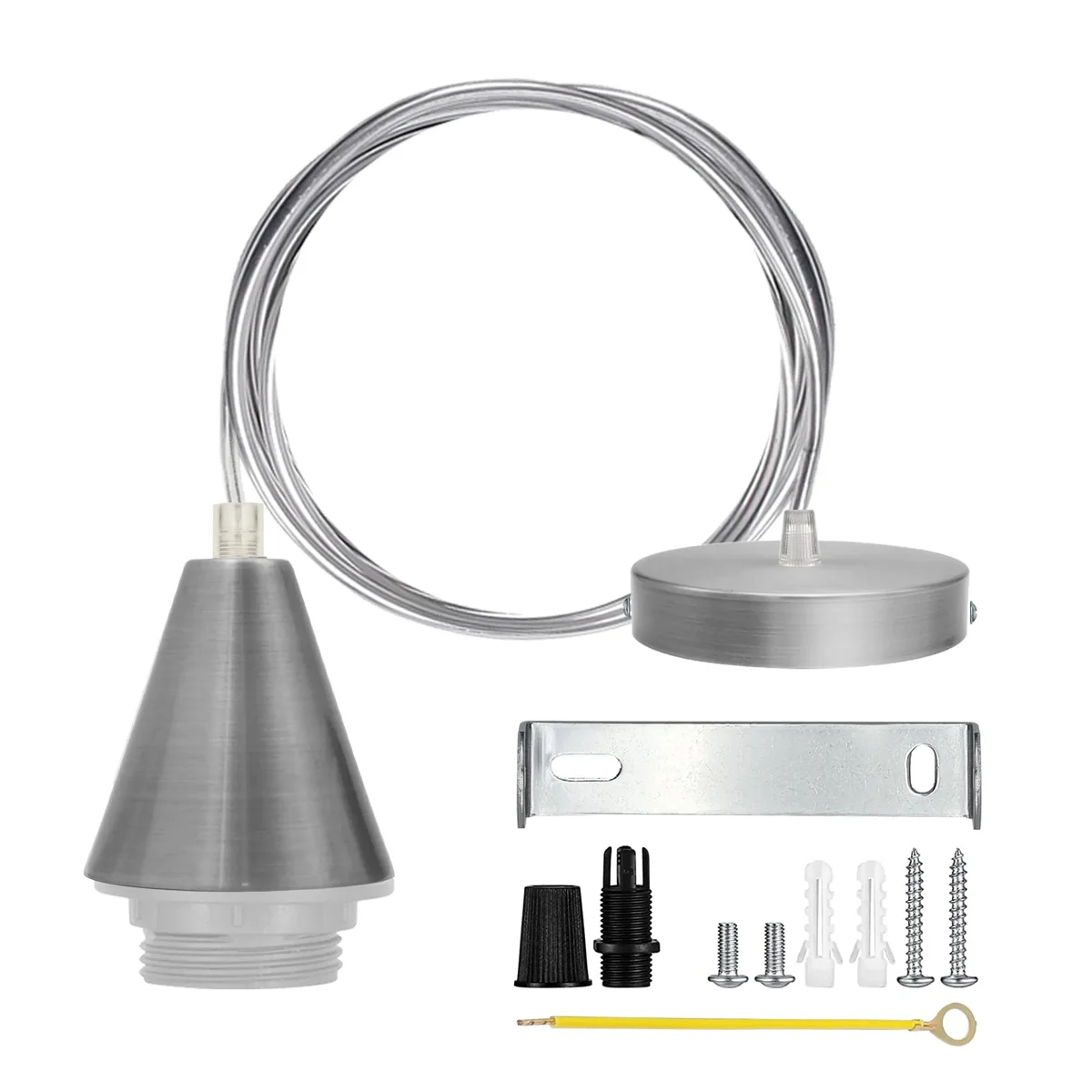 Satin nickel E27 cone holders with 1m PVC cable light fitting and ceiling rose, two-piece metal pendant set