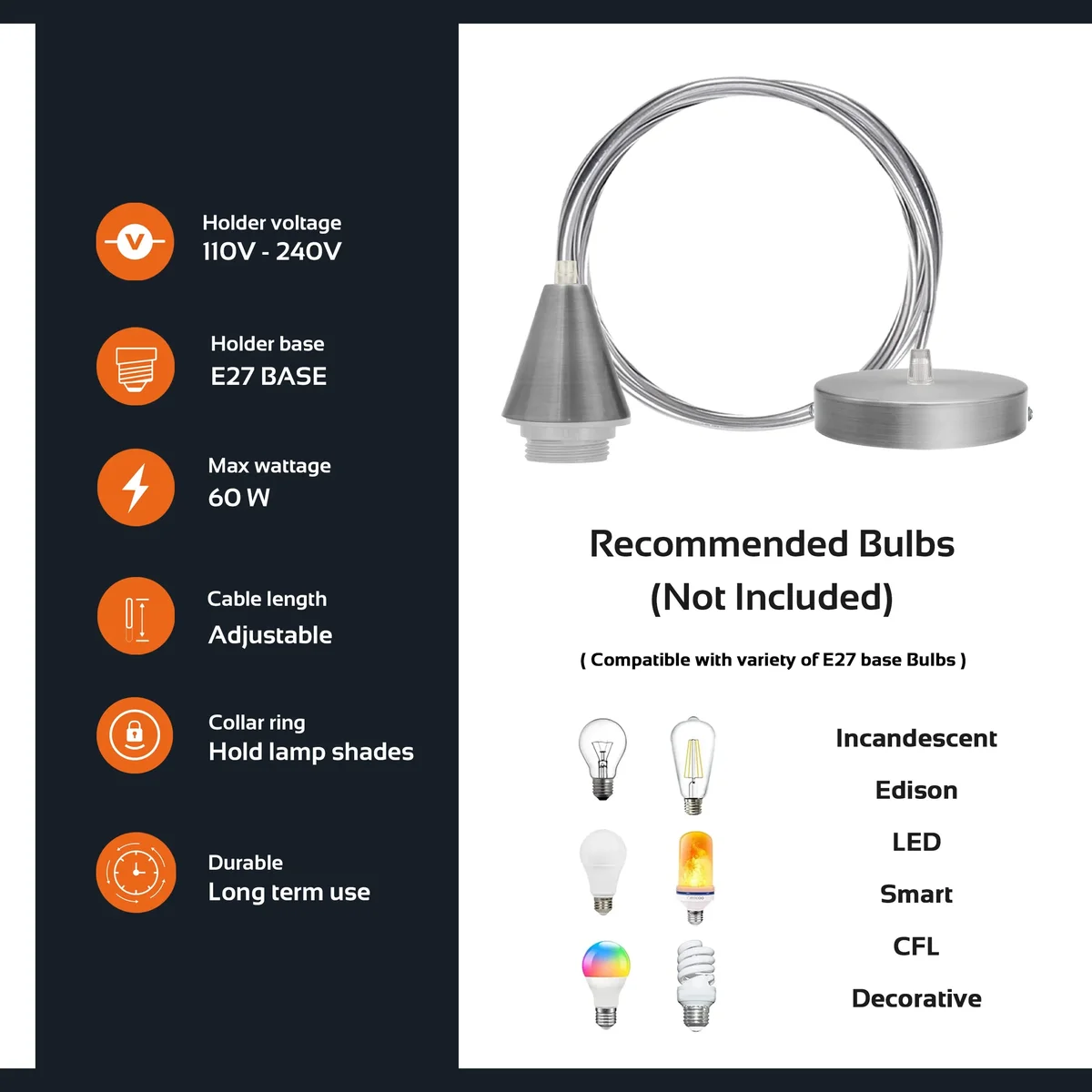 Satin nickel E27 cone holders with 1m PVC cable, ceiling rose and accessories – indoor pendant lamp holder set