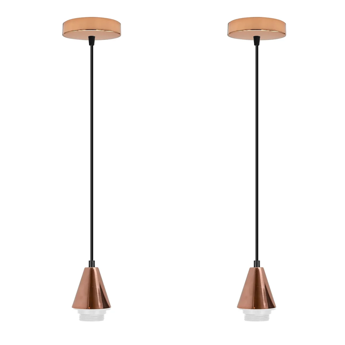 Rose gold ceiling rose with cone shape, single E27 socket, metal housing, black PVC cable, included bracket and screws.