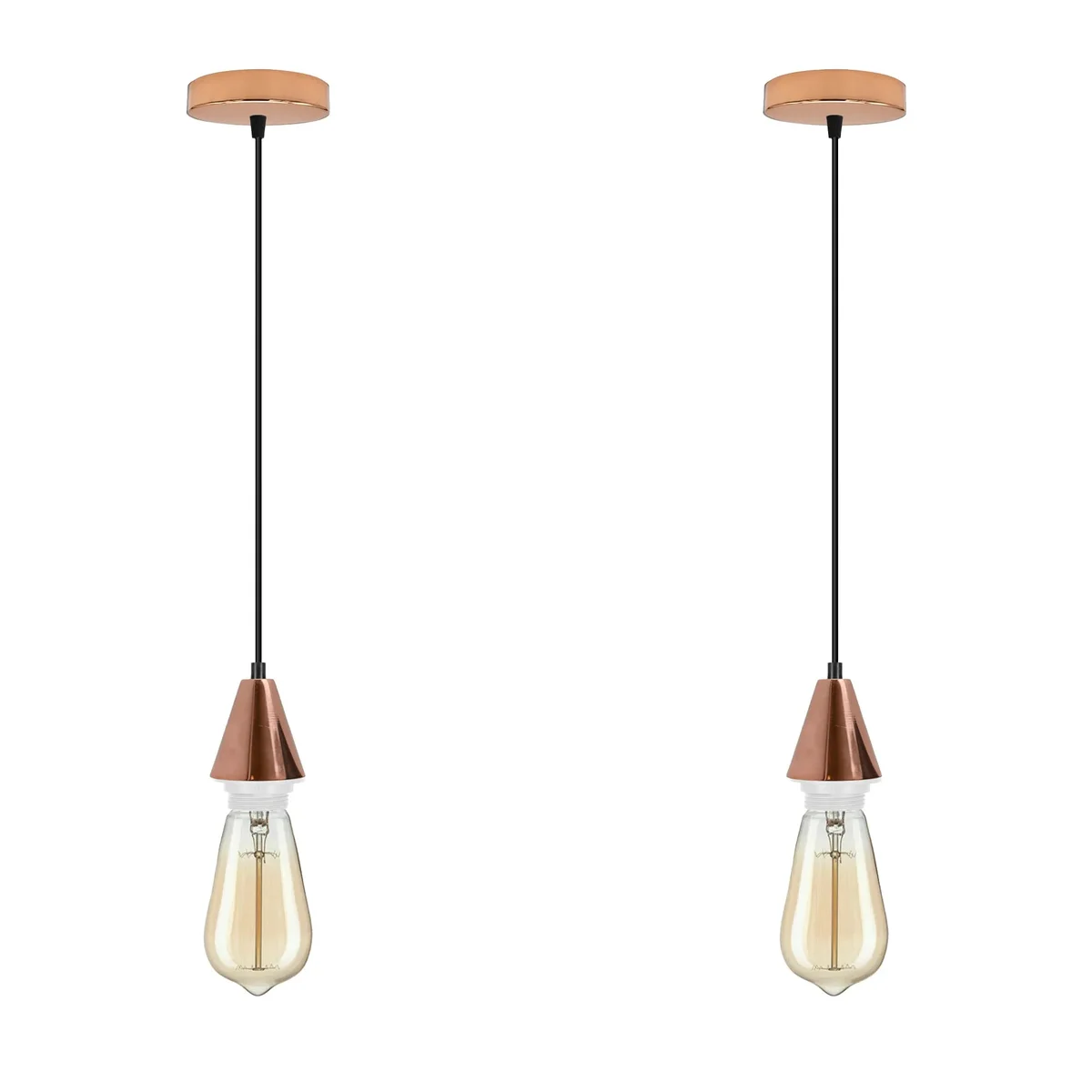 Two rose gold ceiling rose cone holders with 1m PVC cables, metal, single E27 sockets, black accessories