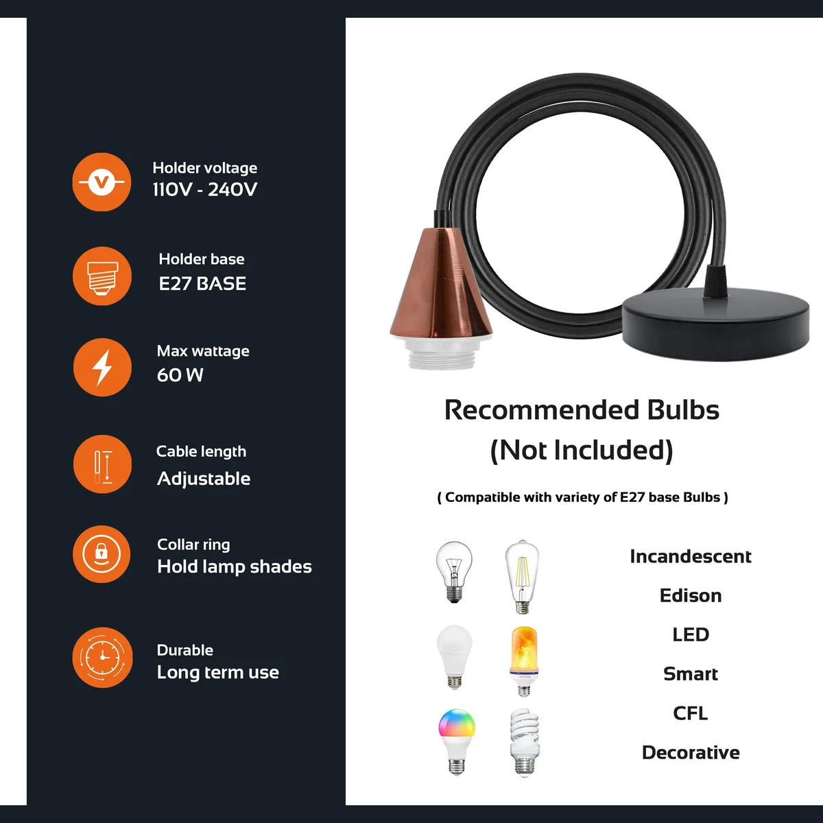 Rose gold pendant holder set with two cone-shaped E27 holders and matching black ceiling rose, 2‑pack vintage style.