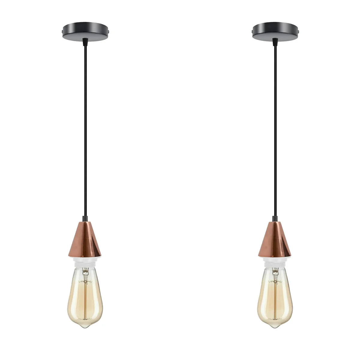 Two rose gold E27 pendant holders with matching black ceiling rose, suspended on a hardwired cone shape.