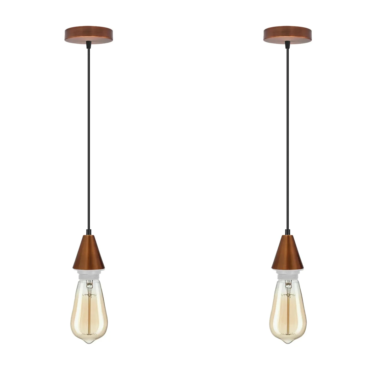 Black metal cone pendant holder with ceiling rose, part of a 2-pack vintage pendant lighting set, PVC cable included