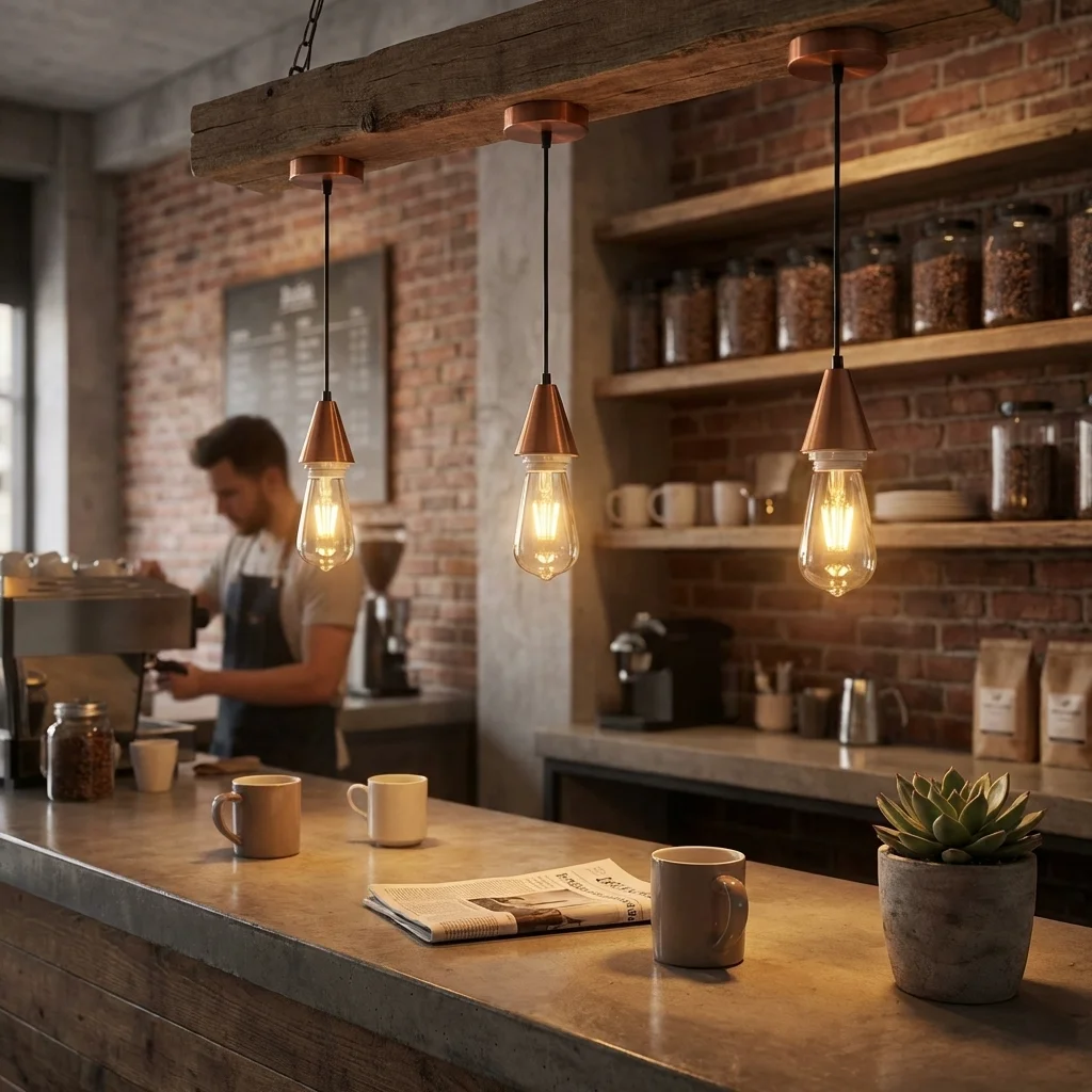 Copper cone pendant light set with black metal E27 holders, ceiling rose, PVC cable, vintage style.