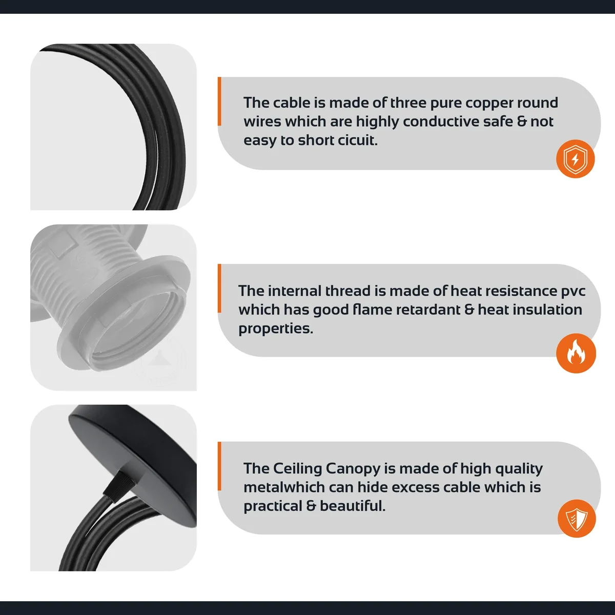 Hardwired pendant lamp with two E27 cone holders and matching ceiling rose fittings in black metal.