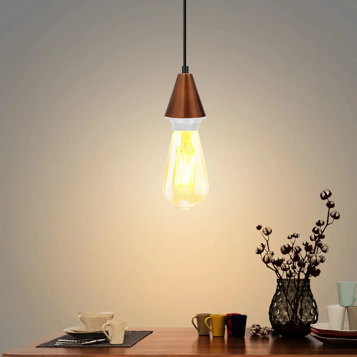 E27 copper pendant set: two black metal cone holders, 1m PVC cable, fitting ceiling rose—ready for installation.