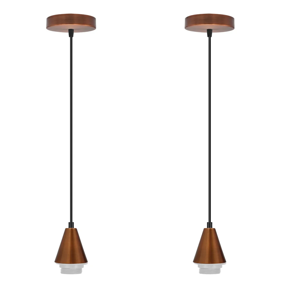E27 copper pendant set with cone holders and matching ceiling rose, black finishes, metal construction.