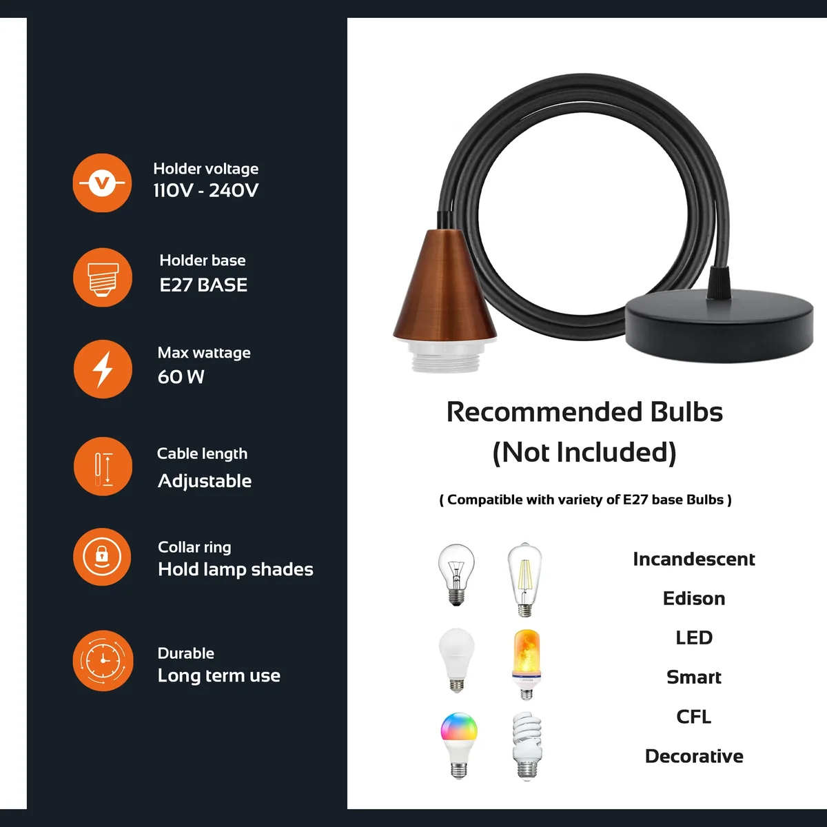 Black PVC cable set with two metal E27 pendant holder and ceiling rose, suitable for indoor light fittings