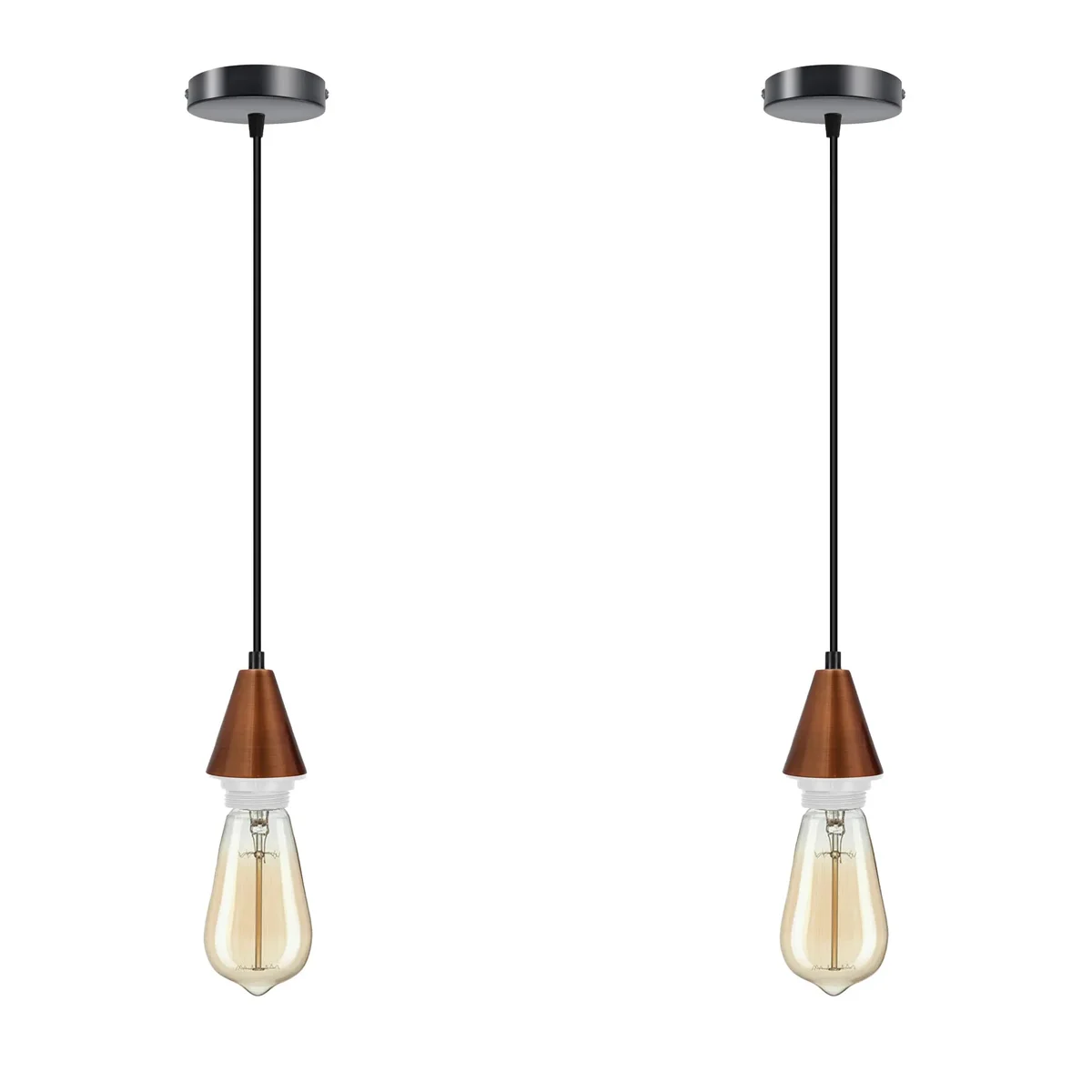 Two black metal E27 cone pendant holders with 1m PVC cables, used for ceiling light fixtures.