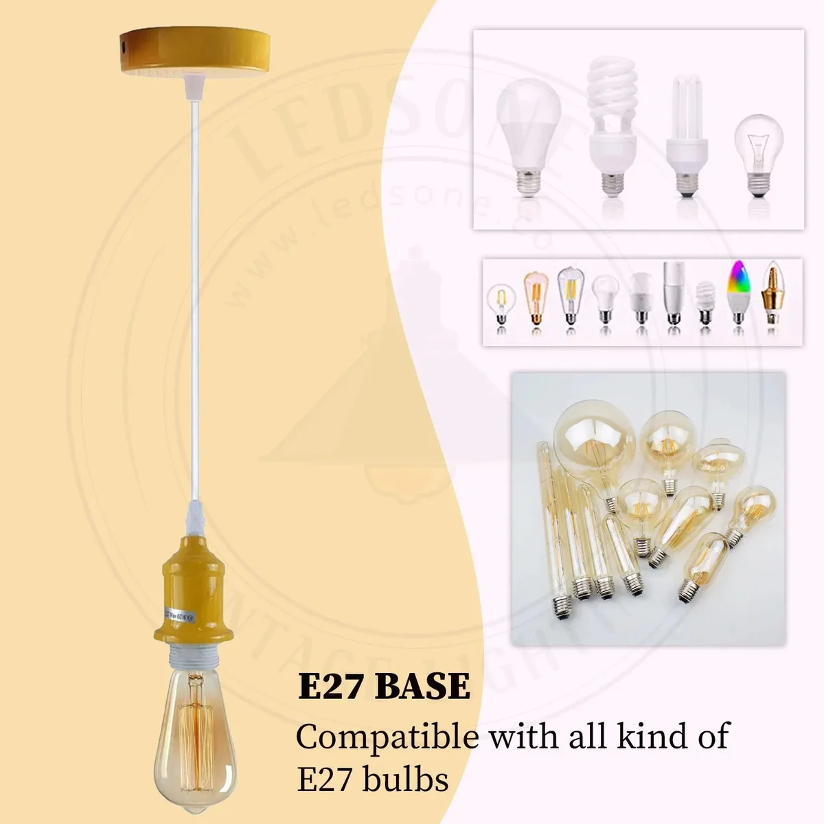 Each dimmable ceiling light is an industrial pendant with metal frames and adjustable cables, ready for vintage lampshades.