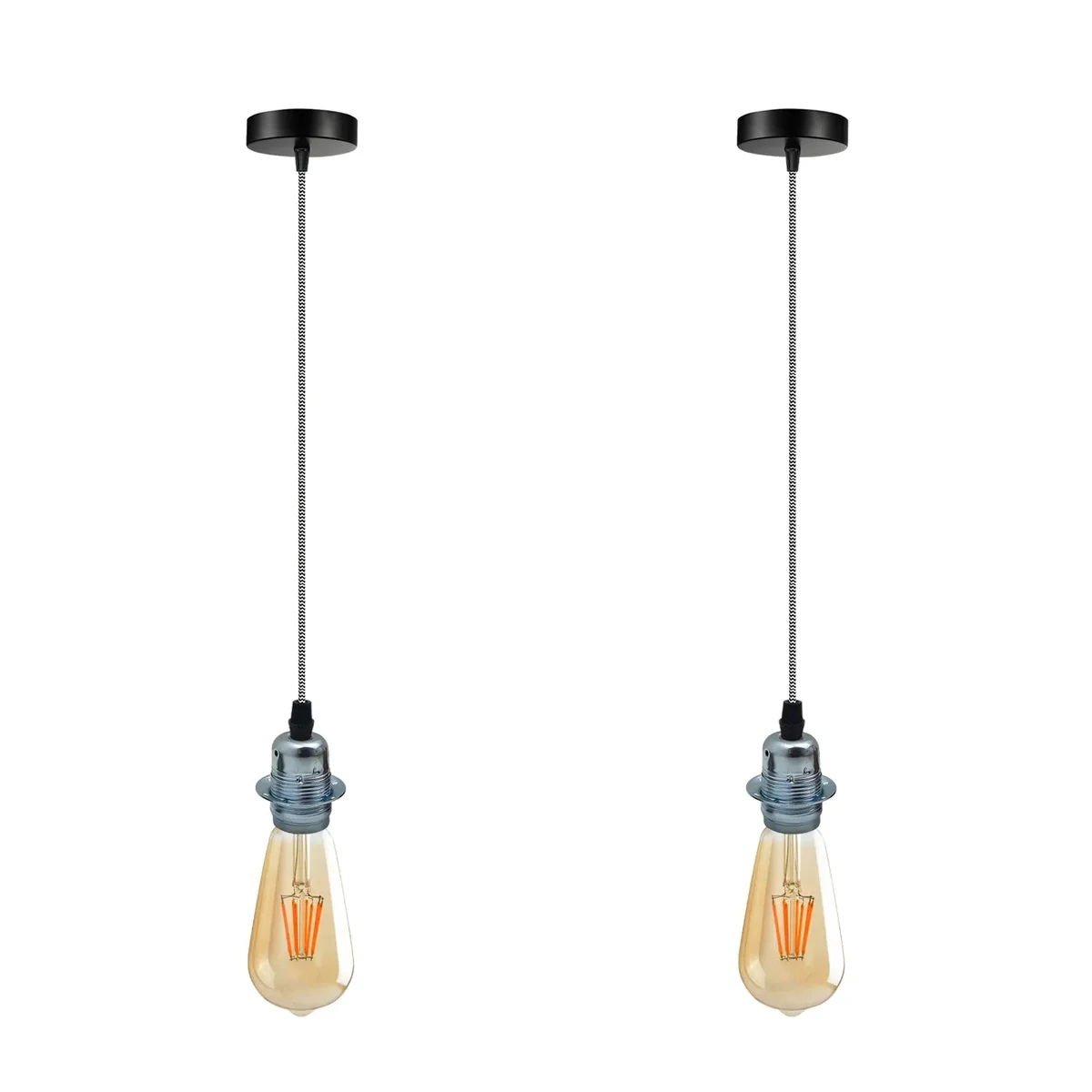 Two vintage chrome pendant light holders on adjustable 195cm cables, dimmable ceiling lights for indoor use