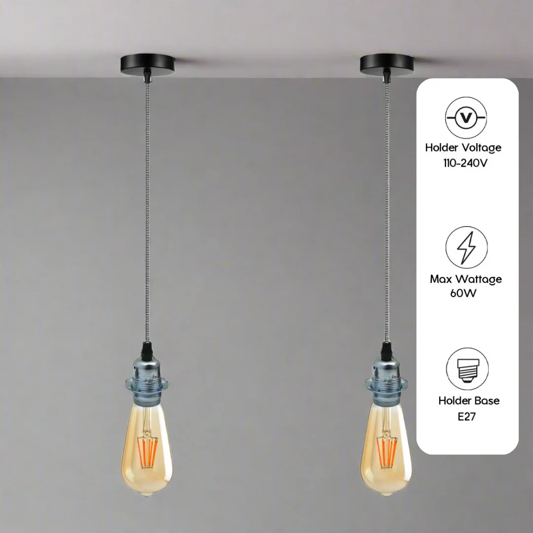 Twin chrome pendant lights, polished finish, minimalist vintage design on 195cm cable, perfect for loft interiors.