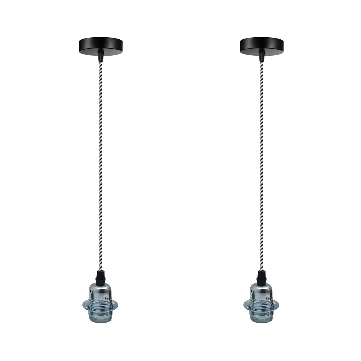 Two polished chrome vintage pendant lights with E27 holders, minimalist industrial style, dimmable ceiling light.