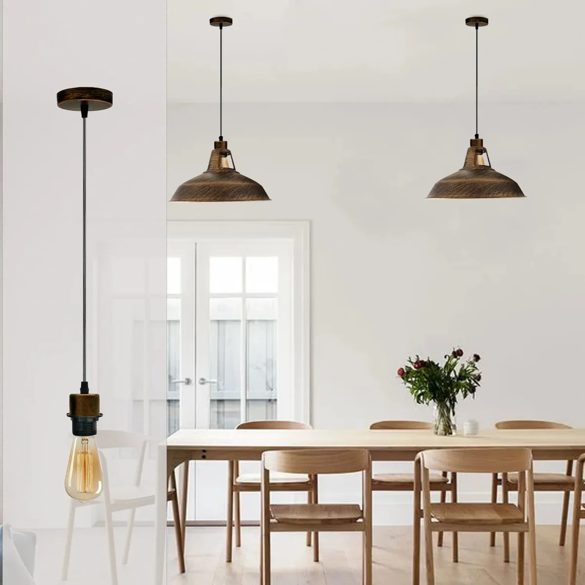 Set of 10 brushed copper pendant light holders with 95cm cables, designed for dimmable hanging light.