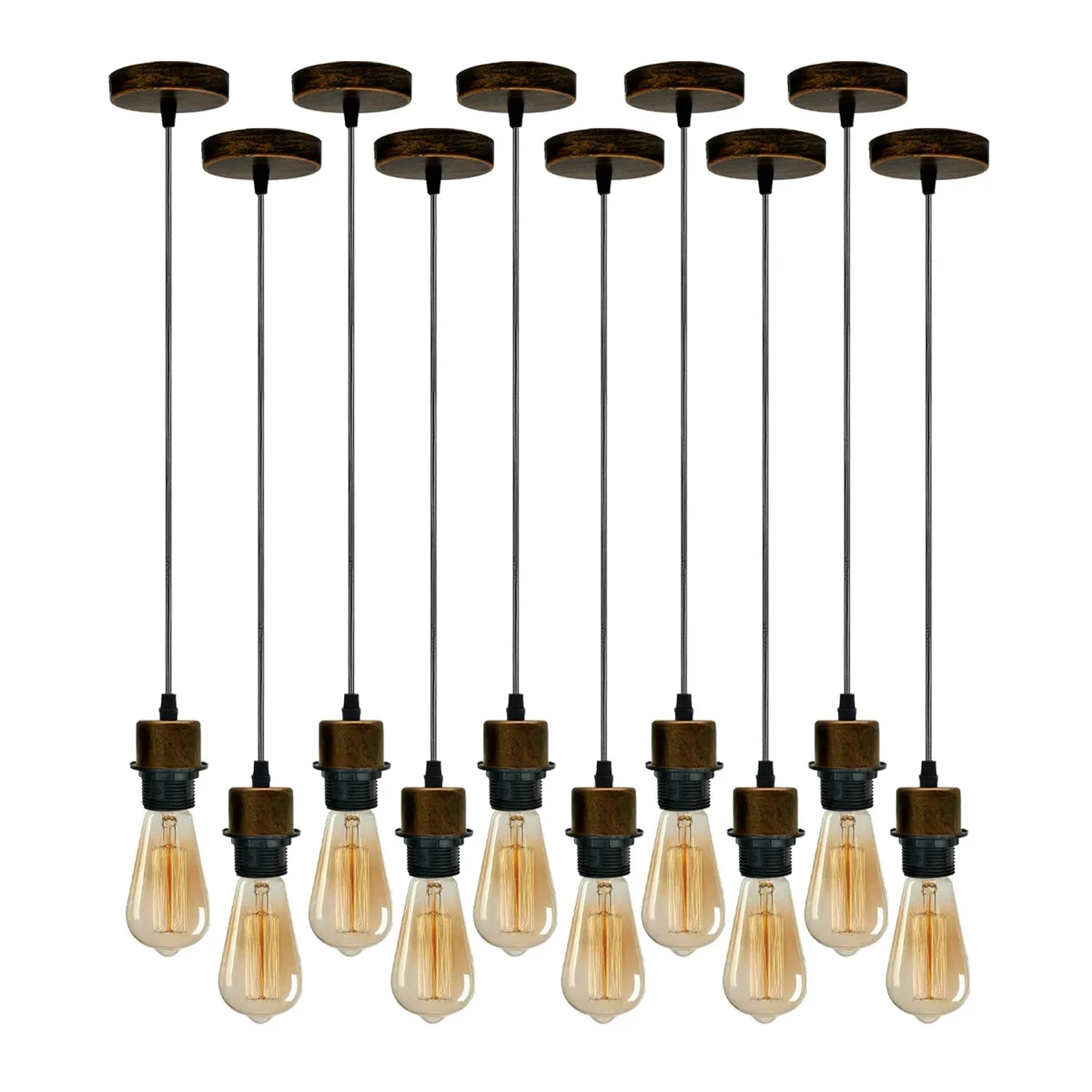 Set of 10 brushed copper pendant lights on 95 cm PVC cables, shown hanging from ceiling.